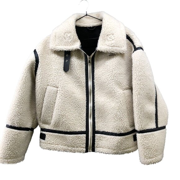 Zara Fleece Biker Jacket Womens S Ivory Faux Shearling Oversized Aviator - Picture 1 of 9